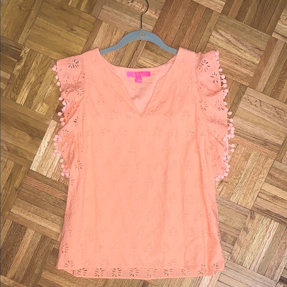 Lilly Pulitzer - Women’s S - Eyelet Top w/ Pom-Pom Trimmed Flutter Sleeves